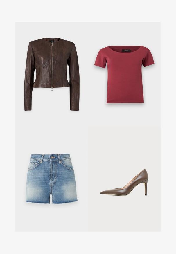 Veste en cuir marron à manches longues, taille ajustée, encolure ronde et fermeture éclair avant avec tirette anneau sur fond uni.; Haut pour femmes à manches courtes, de couleur rose foncé, avec un large décolleté en arrondi et une coupe ajustée, posé à plat sur un fond blanc.; Short en denim bleu clair avec délavage, cinq poches, passants pour ceinture, fermeture à bouton et bords d'ourlet bruts.; Chaussure à talon haut en cuir marron à bout pointu avec un talon aiguille fin et une finition lisse sur un fond clair.