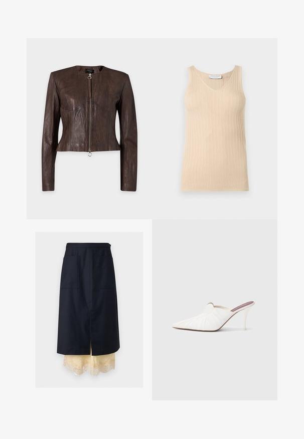 Brun læderjakke med lange ærmer, tætsiddende talje, rund halsudskæring og forlynlås med ringtræk på ensfarvet baggrund.; Ærmeløs beige ribstrikket top med V-hals og et "Tiger of Sweden" mærke i kraven mod en ensfarvet lys baggrund.; Marineblå A-formet nederdel med forlommer lagdelt over cremefarvet underkjole med blondekant, centreret slids, vist på ensfarvet baggrund.; Hvide mule sko med spids snude, plisseret tekstur på overdelen og en slank stilet hæl. Glat overflade og minimalistisk design.
