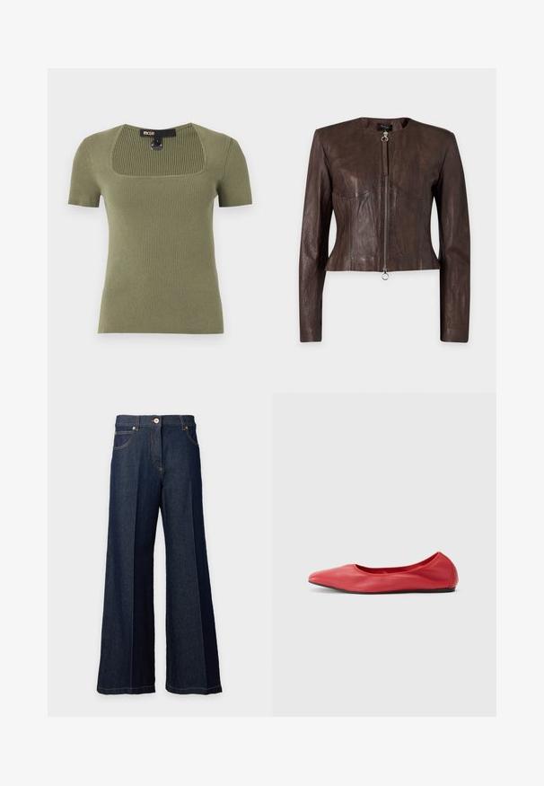 Veste en cuir marron à manches longues, taille ajustée, encolure ronde et fermeture éclair avant avec tirette anneau sur fond uni.; Top en maille côtelée à manches courtes de couleur vert olive avec un col carré et une étiquette de marque visible au niveau du col arrière.; Jean en denim bleu foncé à jambes larges, avec bouton sur le devant et poches, présenté sur fond blanc.; Filippa K REY FLATS - Ballerines - bright red