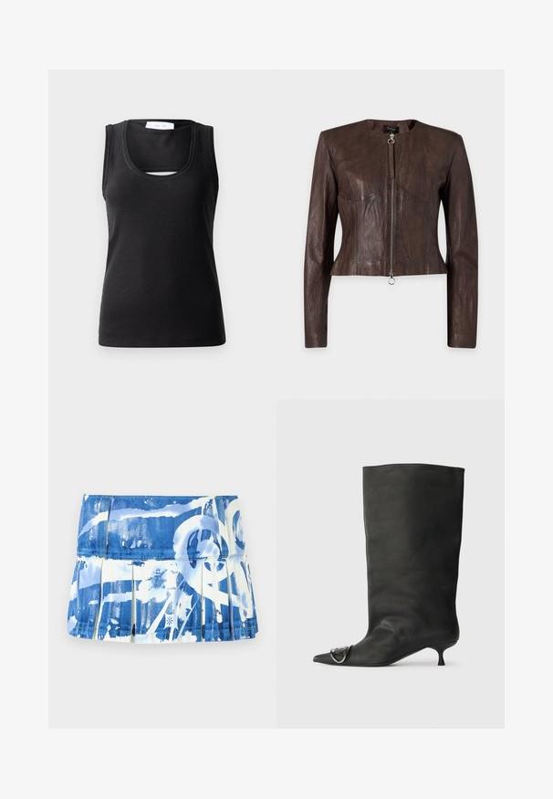 Braune Lederjacke mit langen Ärmeln, tailliertem Bund, rundem Ausschnitt und Frontreißverschluss mit Ringzug auf einfarbigem Hintergrund.; Schwarzes ärmelloses Tanktop aus geripptem Stoff, mit einem runden Ausschnitt und einem kleinen Ausschnitt an der Front für zusätzlichen Designakzent.; Blau-weißer plissierter Rock mit Farbklecks-Muster, hergestellt aus leichtem Stoff mit glatter Textur und einem taillierten Bund.; Schwarze Leder-Ankle Boots mit spitzem Zehenbereich, kleinem Absatz und metallischen Akzenten an der Spitze. Sanfte, matte Textur im gesamten Schuh.