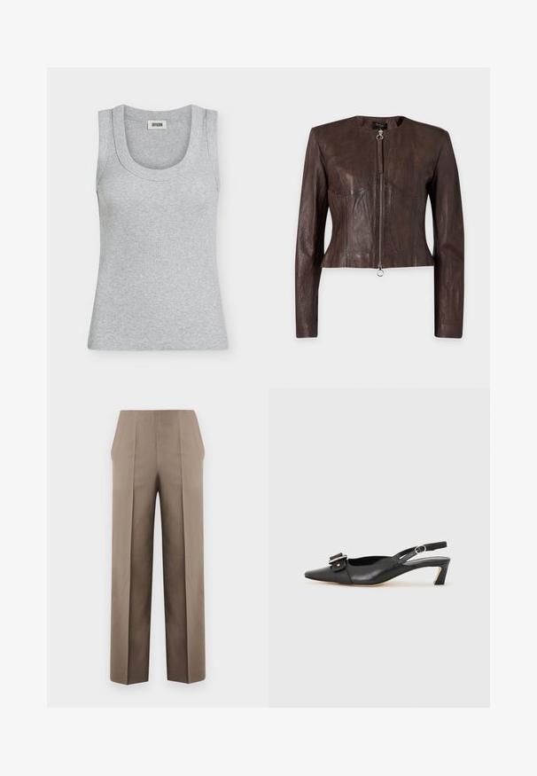 Veste en cuir marron à manches longues, taille ajustée, encolure ronde et fermeture éclair avant avec tirette anneau sur fond uni.; Débardeur gris côtelé sans manches avec un col rond et une petite étiquette à l’intérieur du dos indiquant "DRYKORN".; Pantalons beiges à taille haute avec une coupe ajustée, dotés de deux plis à l'avant, d'une conception à jambe droite et de lignes épurées, sans ornements.; Chaussure slingback en cuir noir avec un bout pointu, un petit talon et un détail de boucle décoratif sur le dessus. Texture lisse, design minimaliste.