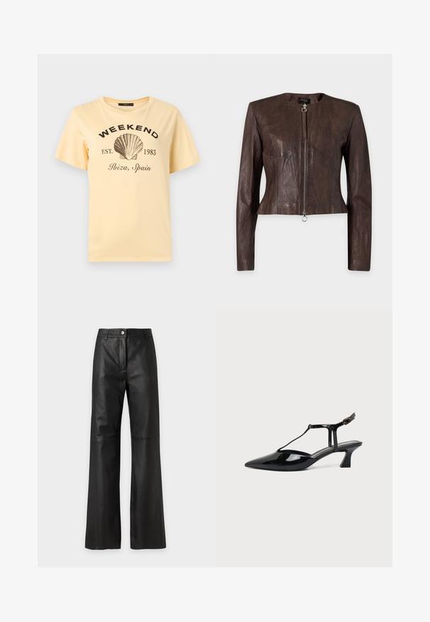 Veste en cuir marron à manches longues, taille ajustée, encolure ronde et fermeture éclair avant avec tirette anneau sur fond uni.; T-shirt jaune clair avec texte noir « WEEKEND EST. 1983 Ibiza, Espagne » et un grand dessin noir de coquillage au centre.; Pantalon noir taille haute en simili cuir avec jambes larges, fermeture bouton et zip, et passants pour ceinture sur un fond clair uni.; Chaussure slingback en cuir verni noir à bout pointu avec bride en T et petit talon bloc incliné sur fond blanc.