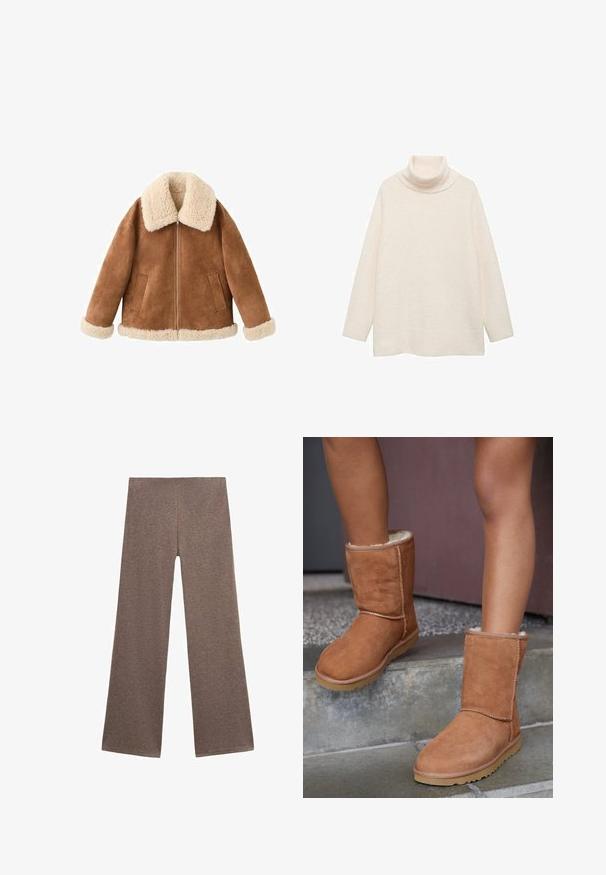 Veste en daim marron avec col et poignets en fausse fourrure crème. Comprend une fermeture éclair à l'avant et deux poches latérales. Texture douce et coupe décontractée.; Pull à col roulé de couleur crème en tissu doux et texturé. Doté de manches longues et d'une coupe ample et décontractée. Design simple sans motifs.; Pantalons larges marron en tissu doux et texturé. Le design présente une taille haute et une coupe ample, idéale pour un look décontracté.; Bottines en suede marron, à bout rond, avec une doublure douce et une semelle en caoutchouc, présentant des détails de couture visibles le long des coutures.