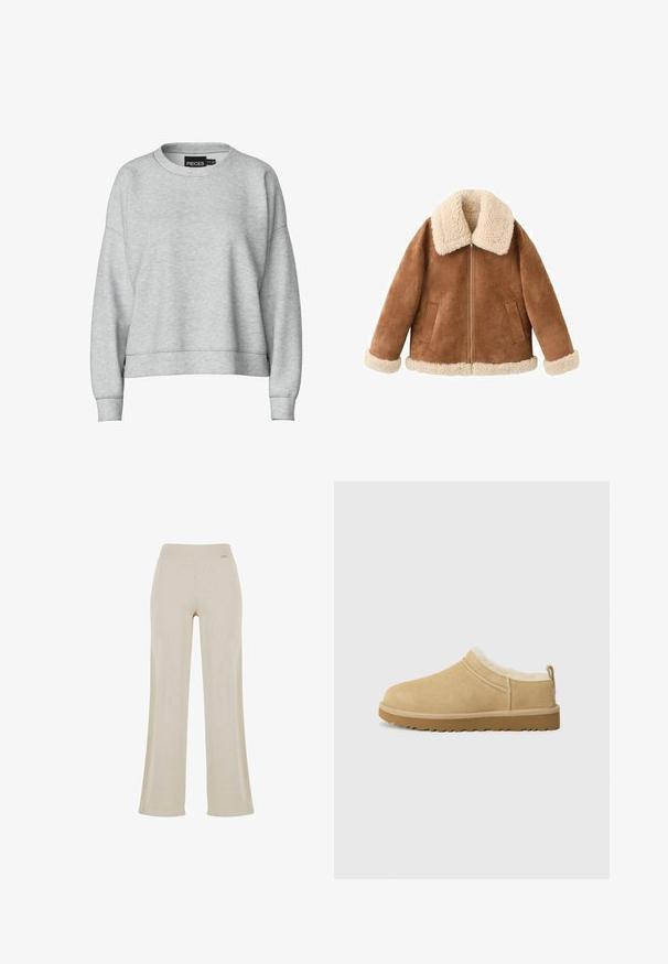 Brun ruskindsjakke med en cremet faux fur-krave og mansjetter. Har en front lynlås og to sidelommer. Blød tekstur og afslappet pasform.; Grå sweatshirt med rund halsudskæring og nedskuldrede skuldre. Fremstillet af blødt stof, har en cropped design og ribbede manchetter. Enkel mærkat ved kraven.; Beige vide bukser med en glat ribbet tekstur, elastisk talje og ingen synlige dekorationer, hvilket giver en afslappet silhuet.; Suede slip-on sko i lys tan, med en blød pelsforing og tekstureret gummisål med en let hæl og bagestrop for nem påklædning.