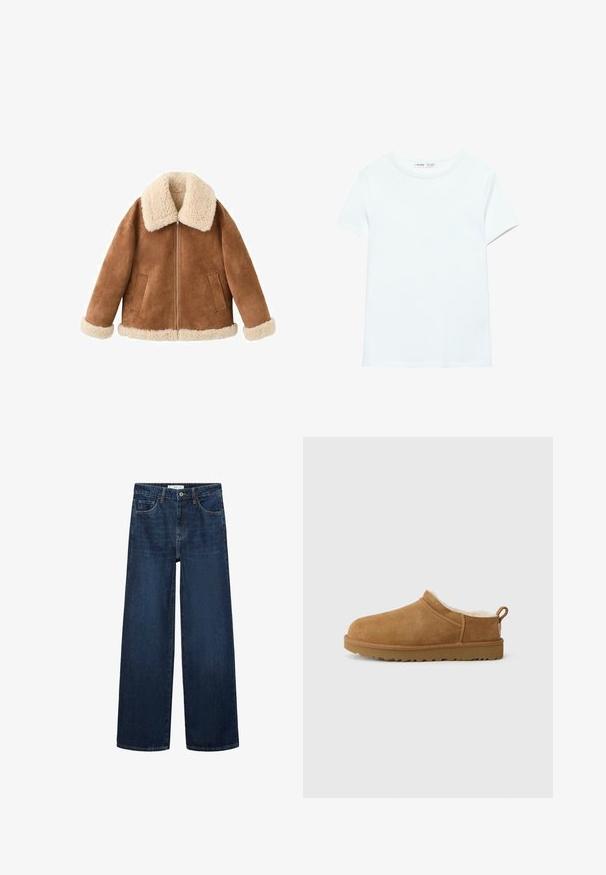 Braune Wildlederjacke mit einem cremefarbenen Kunstfellkragen und -manschetten. Hat einen Frontreißverschluss und zwei seitliche Taschen. Weiche Textur und lässige Passform.; Schlichtes weißes Baumwoll-T-Shirt mit kurzen Ärmeln und Rundhalsausschnitt, flach auf weißem Hintergrund dargestellt, ohne sichtbare Muster oder Logos.; Weite dunkelblaue Denim-Jeans mit hoher Taille, ausgestattet mit fünf Taschen und einer klassischen Knopfschließe. Glatte Textur und gerader Schnitt.; Brauner Wildlederschuh zum Hineinschlüpfen mit einem weichen, weißen Fellfutter, flacher Gummisohle, runder Zehenform und einer kleinen Zuglasche an der Ferse.
