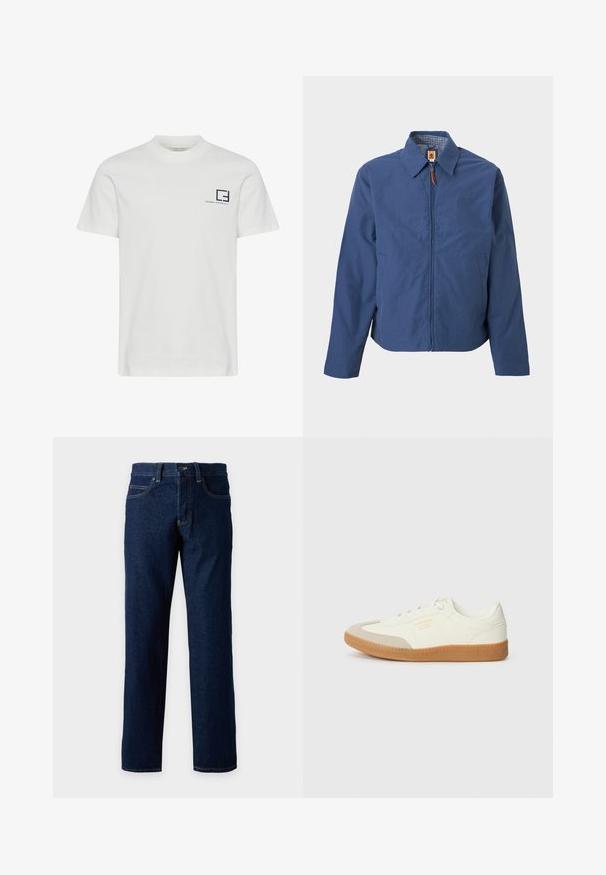 Veste zippée bleu marine avec col, poches latérales et petit logo embossé sur la poitrine gauche, présentée sur un fond uni.; T-shirt en coton blanc avec un col rond et des manches courtes. Présente un logo graphique bleu marine et du texte sur la partie gauche de la poitrine.; Jean en denim bleu foncé, coupe droite, avec poches avant, passants de ceinture et fermeture par bouton sur fond uni.; Baskets en cuir blanc avec une coque beige et une semelle en caoutchouc marron clair. Dotées de lacets blancs plats et d'un logo embossé sur le côté.