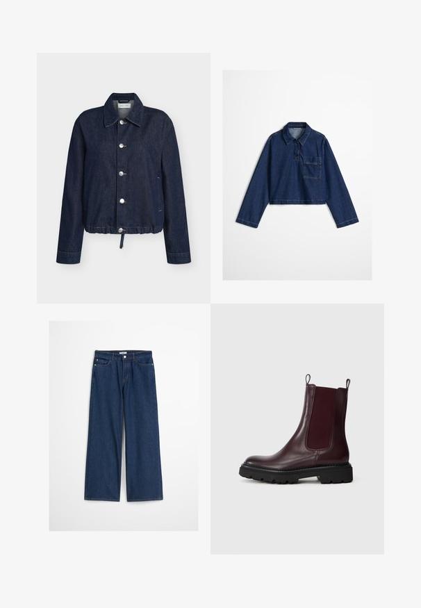 Mørkeblå denimjakke med spids krave, fem sølvknapper, lange ærmer, sidelommer og snøre i kanten.; Afkortet denimskjorte i en mørkeblå nuance med knaplukning ved kraven, forlomme og lange ærmer med syning langs sømmene.; Mørkeblå lige ben-jeans med høj talje, lavet af denim. Har forlommer, bæltestropper og knaplukning. Klassisk design.; Bordeaux læder chelsea støvler med elastiske sidepaneler, tekstureret sort gummisål og trekhåndtag for nem påtagning.