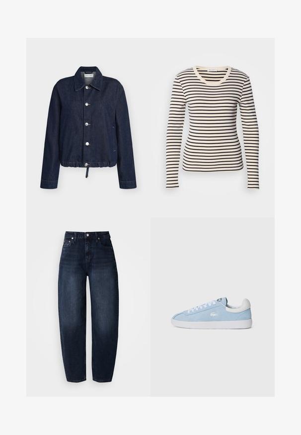 Dunkelblaue Jeansjacke mit spitzem Kragen, fünf silbernen Knöpfen, langen Ärmeln, Seitentaschen und Tunnelzug am Saum.; Langarm gestreiftes T-Shirt mit horizontalen schwarz-cremefarbenen Streifen, einem runden Kragen und einer schlanken Passform. Aus weichem Baumwollmaterial.; Dunkelblaue Jeans aus Denim mit lockerem Schnitt, ausgestattet mit hoher Taille, geradem Bein und klassischem Fünf-Taschen-Design.; Himmelblaue Wildledersneaker mit weißen Schnürsenkeln und Gummisohle. Mit einem kleinen silbernen Logo an der Seite und einer weißen Leder-Fersenkappe.