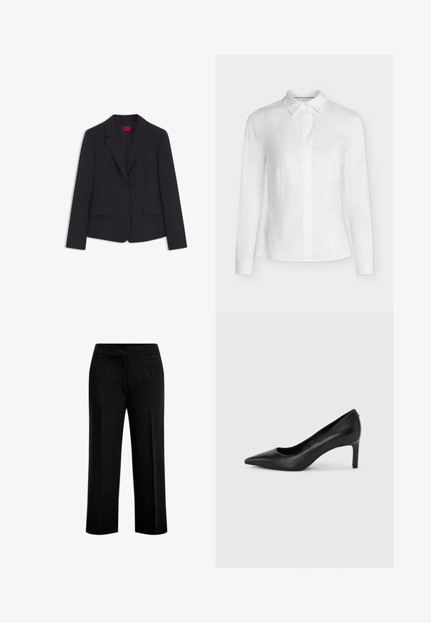 Sort skræddersyet blazer med to knapper, hakkede revers og forlommer med klap, mærket Hugo på den indvendige krave.; Hvid tætsiddende bluse med lange ærmer, spids krave, knappet foran og skræddersyede sømme, vist på en ensfarvet baggrund.; Sorte, brede bukser lavet af et glat stof med to forlommer og en flad talje. Skræddersyet design med en ren silhuet.; Sort læderhøjhælet pumpe med spids tå og slank, mellemhøj hæl på en ensartet lys grå baggrund.
