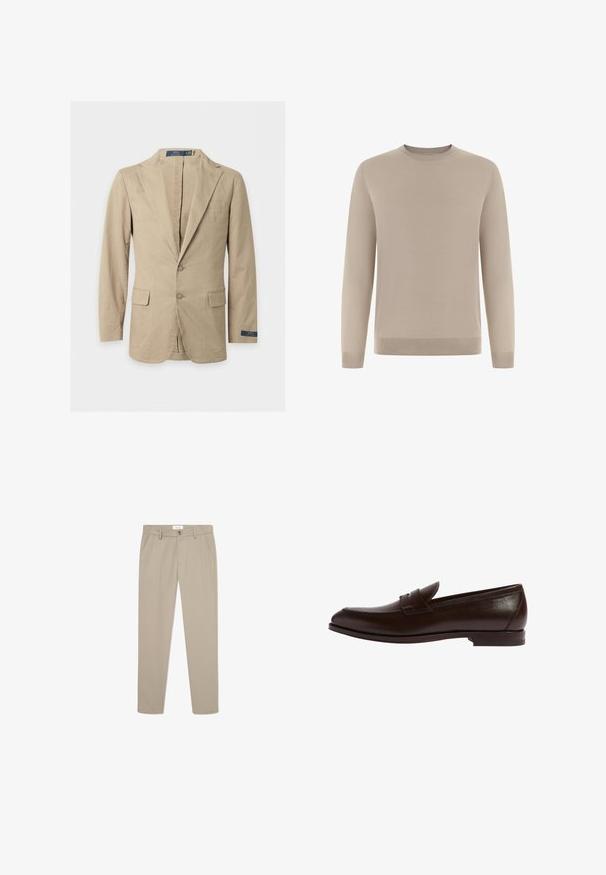 Beige blazer med to knapper, hakkede revers, forlommer med klap, brystlomme og Polo Ralph Lauren-mærke på ærmet og indersiden af kraven.; Beige langærmet sweater lavet af blødt, fint strikket stof. Har en rund halsudskæring og ribstrikkede ærmeafslutninger og kant for et tætsiddende udseende.; Beige skræddersyede bukser lavet af et glat stof. Har forlommer, en knaplukning og et slankt, lige ben-design.; Brun læder loafer med rund tå, syningsdetaljer og en diskret båndaccent. Slank profil med en flad gummisål.