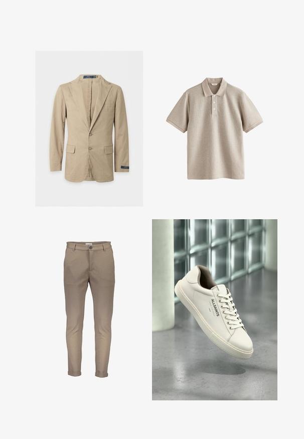 Blazer beige de dos botones con solapas con muesca, bolsillos delanteros con solapa, bolsillo en el pecho y etiqueta Polo Ralph Lauren en la manga y en el interior del cuello.; Polo beige de manga corta con tres botones blancos y un cuello estructurado, mostrado sobre fondo blanco.; Pantalones de mezcla de algodón beige con un ajuste entallado, que cuentan con cierre de botón, trabillas para cinturón y puños doblados. Textura suave con costuras limpias.; Zapatilla blanca de AllSaints con cordones, logo y texto en japonés suspendida sobre un suelo de hormigón pulido con bloques de vidrio esmerilado en el fondo.