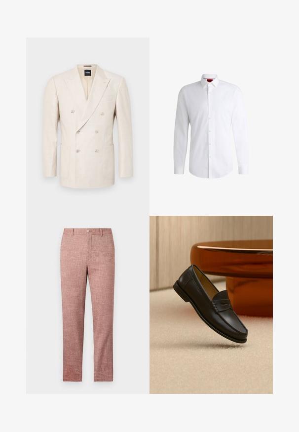Beige Doppelreiher-Blazer aus strukturiertem Stoff. Verfügt über zwei aufgesetzte Taschen und einen Reverskragen. Markenlabel innen am Kragen sichtbar.; Weißes Herrenhemd aus glattem Stoff mit klassischem Kragen, langen Ärmeln und abgerundetem Saum. Mit eleganten beigen Knöpfen an der Vorderseite.; Rote strukturierte Hose mit geradem Bein, Fronttaschen und Knopfverschluss. Der Stoff hat ein gewebtes Muster für zusätzliche Details.; Schwarzer Leder-Loafer, der über einem hellbeigen Teppich schwebt, mit bernsteinfarbenen modernen Möbeln im Hintergrund.
