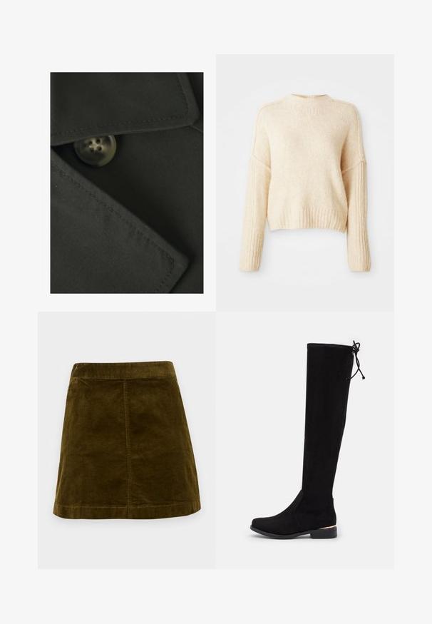Vero Moda VMCHLOE - Veste mi-saison - black; Pull en tricot couleur crème avec des poignets et un ourlet côtelés, présentant un design légèrement court et une coupe décontractée. Texture douce, sans motifs.; Jupe mini en velours côtelé marron avec des côtes verticales, coupe droite et ourlet net. Présente une taille simple sans embellissements.; Bottes noires au-dessus du genou, fabriquées en matériau doux semblable à du suède, avec un talon plat, un accent à la cheville et un fin lien en haut pour l'ajustement.