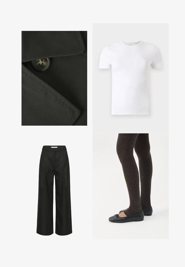 Vero Moda VMCHLOE - Veste mi-saison - black; T-shirt blanc uni à manches courtes et col rond présenté sur un fond gris clair.; Pantalon noir à jambes larges avec une coupe ajustée, doté d'une taille haute, de plis à l'avant et d'une texture de tissu lisse. Convient pour une tenue formelle.; Jambes portant des leggings côtelés foncés associés à des ballerines noires avec de petits détails en nœud sur fond blanc.