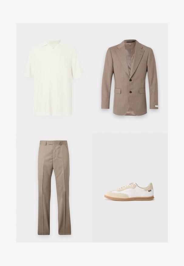 Beige pinstripe getailleerd herenblazer met inkeping revers, twee knopen aan de voorkant, klepzakken en een soepele satijnen voering aan de binnenkant.; Korte mouwen polo-shirt, licht crèmekleurig, gemaakt van textuurstof, met een v-hals en een klassiek kraagontwerp.; Beige herenpantalon met subtiele verticale krijtstrepen, riemlussen en een ritssluiting aan de voorkant.; Witte sneaker met lichtbeige suède accenten, geperforeerde details, platte veters en een zool van gumrubber. Voorzien van gestreepte branding op de hiel.