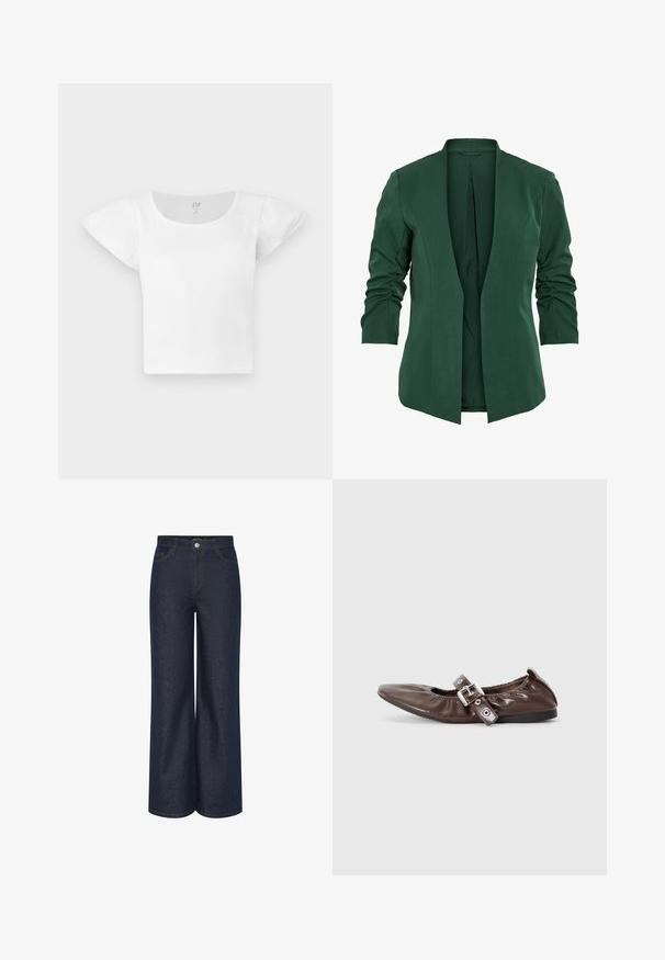 Blazer ajusté vert avec un col châle, des manches froncées et sans boutons. Fabriqué dans un tissu lisse, il dispose d'une fente au dos pour plus de liberté de mouvement.; Haut court à manches courtes blanc avec épaules bouffantes et col rond, en tissu côtelé, de GAP en taille moyenne.; Jean en denim sombre à jambes larges avec une taille haute, coutures visibles en or contrastant, et poches avant et arrière. Design classique à cinq poches.; Chaussure plate en cuir verni marron avec un bout pointu, un détail de nœud élastiqué et une accent en boucle en argent sur le côté. Semelle en caoutchouc noir.