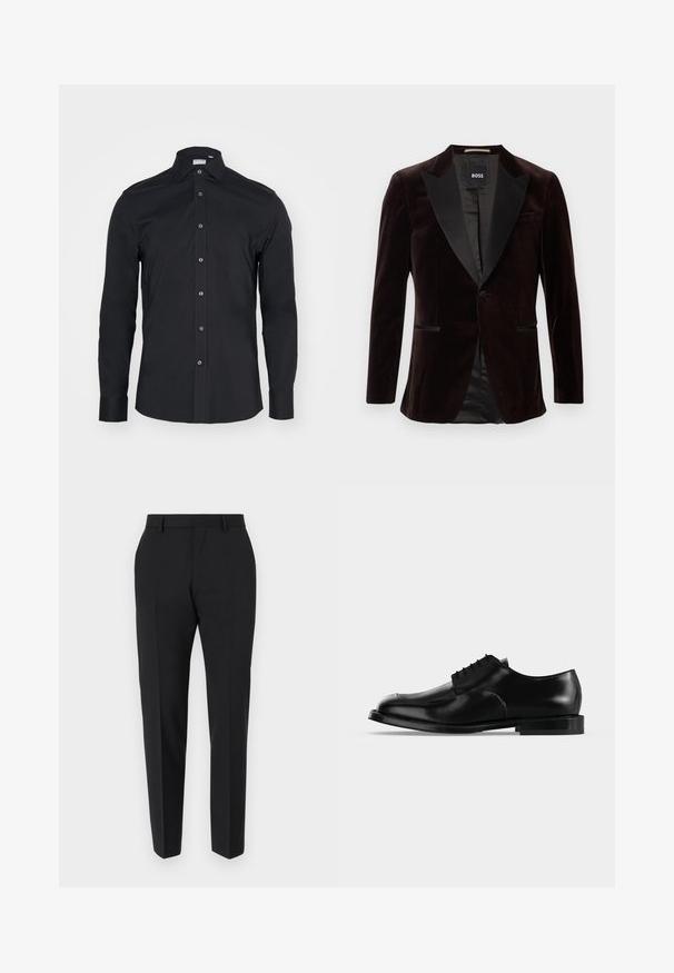 Mørkebrun fløjl blazer med satinspidse klapper, enkelt knaplukning og to forlommer. Indvendigt er den foret med glat sort stof.; Sort langærmet skjorte med knapper og klassisk krave. Lavet af glat stof, har frontknapper og rundede manchetter.; Sorte bukser med et skræddersyet design, flad front, pressefolder og en slank pasform. Lavet af et glat stof for et elegant udseende.; Sort lædersko til mænd med snørebånd, glat finish og lav hæl, vist i sideprofil på en ensartet lys baggrund.