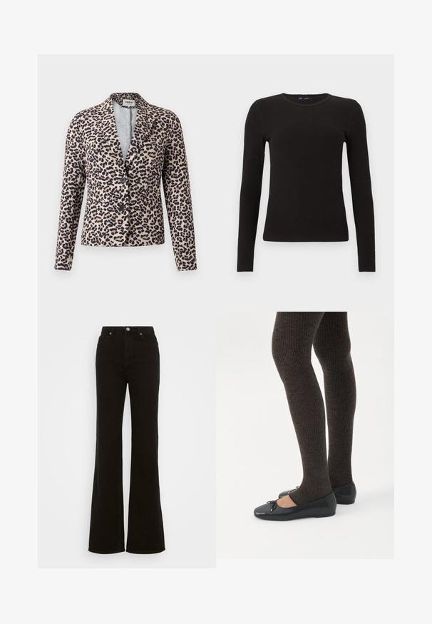 Blazer à imprimé léopard en beige et noir, avec une coupe ajustée, un col cranté, deux boutons et une texture de tissu lisse. Comprend des poches latérales.; Pull noir en maille côtelée à manches longues avec un col rond, coupe ajustée et texture subtile, présenté sur un fond blanc uni.; Jean évasé noir taille haute en denim, avec une fermeture à bouton, des poches latérales et une texture lisse.; Jambes portant des leggings côtelés foncés associés à des ballerines noires avec de petits détails en nœud sur fond blanc.