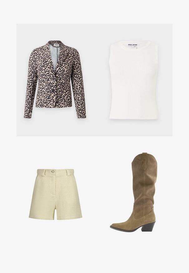 Blazer met luipaardprint in beige en zwart, met een getailleerde pasvorm, een neklapel met insnijding, twee knopen en een gladde stoftextuur. Voorzien van zijzakken.; Witte mouwloze ribgebreide top met een ronde hals, gemaakt van rekbare stof. Beschikt over een label met de tekst "DKNY JEANS" op de kraag.; Crème-kleurige shorts van gestructureerde stof met een subtiel patroon, voorzien van een sluiting met een knoop aan de voorkant en zijzakken.; Hoge bruine suède cowboylaars met een spitse neus, een gestapelde hak van gemiddelde hoogte en een uittreklus bovenaan, zijaanzicht.