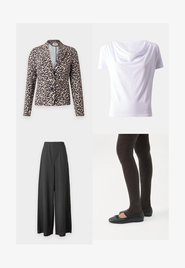 Blazer med leopardprint i beige og sort, med skræddersyet pasform, hakket revers, to knapper og glat stoffinish. Har sidelommer.; Hvid kortærmet t-shirt med draperet cowl-halsudskæring og glat, strækbart stof. Simple design uden mønstre eller accenter.; Sorte vide bukser lavet af et glat stof, med høj talje og plisseret design for ekstra struktur og dybde.; Ben iført mørke ribbede leggings kombineret med sorte balletsko med små sløjfedetaljer på hvid baggrund.