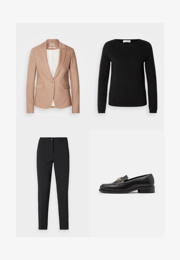Blazer de color rosa empolvado con solapas de muesca, cierre de botón único y dos bolsillos frontales; tela texturizada, forro suave en blanco.; Marc O'Polo LONGSLEEVE ROUND NECK - Jersey de punto - black; Pantalones negros ajustados de tela suave, con una cinturilla clásica, cremallera frontal y bolsillos laterales, todo en un diseño elegante y a medida.; Mocasines de cuero negro con un bajo tacón cuadrado, presentando un acento de hardware en color dorado y costuras detalladas a lo largo de la punta y la parte superior.