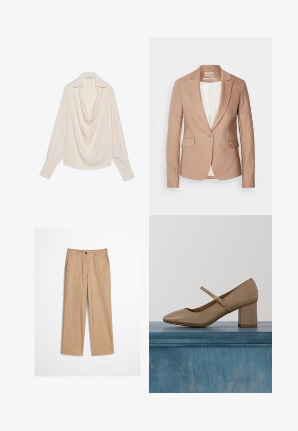 Blazer de color rosa empolvado con solapas de muesca, cierre de botón único y dos bolsillos frontales; tela texturizada, forro suave en blanco.; Blusa de manga larga con cuello drapeado en tejido crema claro, que presenta un corte holgado, puños enrollados y un drapeado sin costuras en el escote.; Pantalones de algodón beige con piernas rectas, cierre frontal con botones y textura suave. Cuenta con trabillas estándar para cinturón y diseño frontal plano.; Zapato de salón de cuero beige con tacón ancho, punta redonda y una correa decorativa con una hebilla dorada. Textura suave, diseño minimalista.