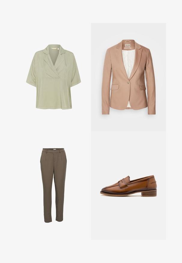 Blush pink blazer med flippinge klapper, enkelt knaplukning og to forlommer; tekstiler, blød foring i hvid.; Lysegrøn, kortærmet bluse med en indsnittet krave og løs pasform. Glat tekstur, med plissee ved halsudskæringen for ekstra detaljer.; Brune, kilerede bukser med bæltestropper og forlommer, designet til formelt eller kontorbrug.; Brune læder loafers med en struktureret vævet frontpanel, rund tå og lav stablet hæl. Glat finish med diskret stikningsdetalje.