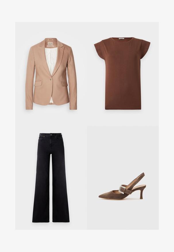 Blush roze blazer met gesneden revers, enkele knoopsluiting en twee voorzakken; geweven stof, zachte voering in het wit.; Bruine T-shirt met korte mouwen en een ronde hals met een rechte zoom, plat liggend op een lichte achtergrond.; Hoge taille zwarte wijde jeans met voorkruiszakken, riemlussen en een knoopsluiting.; Bruine suède slingback schoen met een spits toelopende neus, voorzien van een gespsluiting met edelsteenaccent en een slanke, middelhoog hakje. Glad interieur.