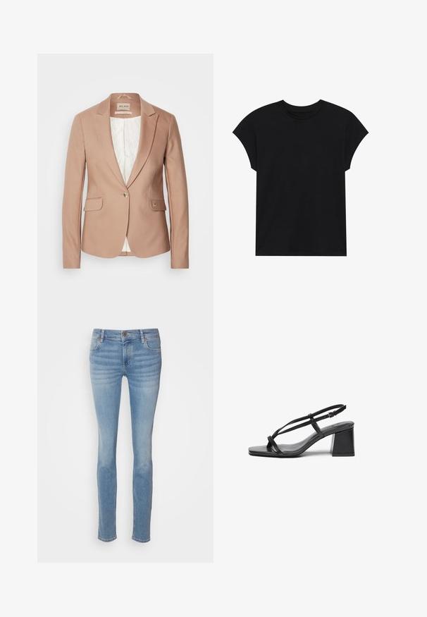 Blush-pinker Blazer mit Reverskragen, einer Knopfverschluss und zwei vorderen Taschen; strukturierter Stoff, weiche Fütterung in Weiß.; Schwarzes Baumwoll-T-Shirt mit Rundhalsausschnitt, kurzen Ärmeln und entspannter Passform. Glatte Textur und keine sichtbaren Muster oder Verzierungen.; Hellblaue Slim-Jeans aus Denim mit einem klassischen Fünf-Taschen-Design, mittlerer Bundhöhe und subtilen Waschungen entlang der Beine.; Schwarze Leder-High Heelsandalen mit quadratischer Zehenform, dünnen Riemen und Blockabsatz. Glatte Textur mit minimalen Akzenten, entworfen für einfachen Tragekomfort.