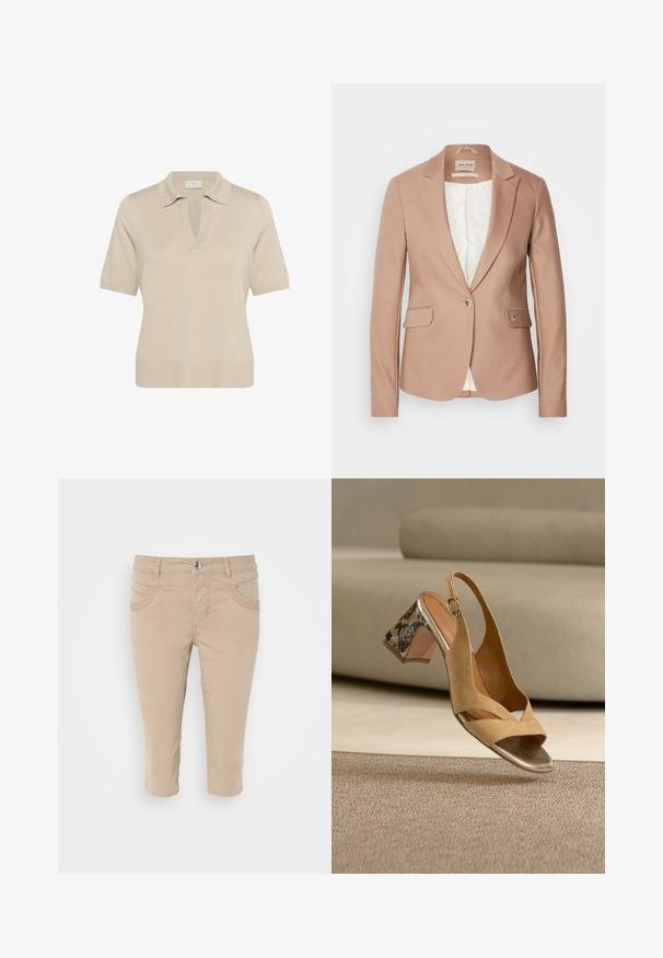 Blazer rose pâle avec revers en chevron, fermeture à un bouton, et deux poches avant ; tissu texturé, doublure douce blanche.; Polo en maille beige avec un col en V et des manches courtes. Doté d'un col et d'un ourlet côtelé, fabriqué à partir d'un tissu doux et texturé.; Chinos beige cropped avec une texture en coton lisse, comportant deux poches avant et une fermeture à bouton à la taille.; Sandale slingback en daim beige avec bout ouvert et talon épais à motif peau de serpent marron, posée sur un tapis beige.