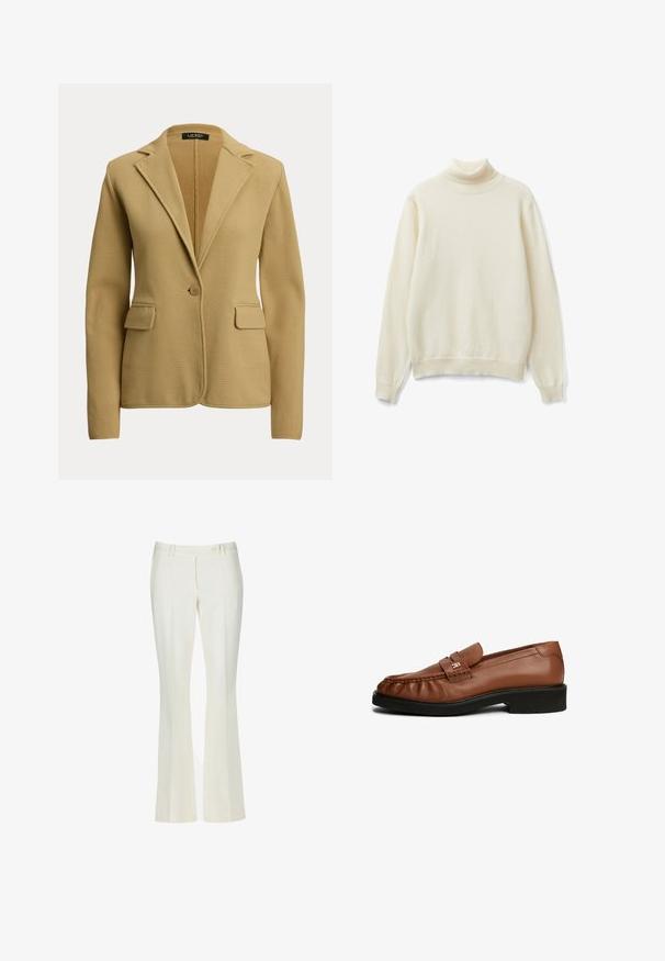 Blazer beige de un solo botón, con solapas con muesca, dos bolsillos con solapa y mangas largas, hecho de tela de punto.; Jersey de cuello alto color crema hecho de una suave tela de punto. Presenta mangas largas y puños y dobladillo de canalé. Diseño simple y sin costuras.; Pantalones acampanados blancos en una tela suave. Presenta dos bolsillos frontales y un cierre de botón en la parte delantera, con un sutil detalle de pliegues.; Mocasines de piel marrón con una textura suave, punta redondeada, detalle de correa en el frontal y tacón bajo de goma negra.