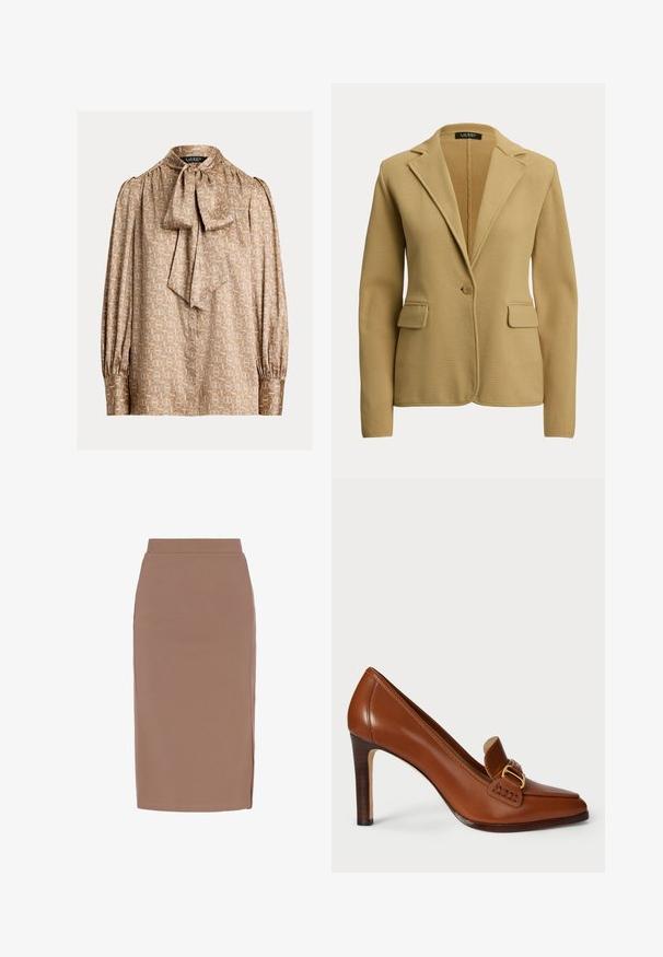 Beige blazer med én knap, med hakrevers, to klaplommer og lange ærmer, lavet af strikstof.; Beige bluse med høj hals og sløjfe. Har et geometrisk mønster i guld og creme, lange ærmer med samlede manchetter, silkeagtig tekstur.; Brun blyantskirt lavet af strækbart stof, med høj talje, lige silhuet og sideslids for bedre bevægelsesfrihed.; Brun læder højhælede sko med spids tå, der har et dekorativt bånd og guldfarvet metaldele langs vamps. Glat tekstur.