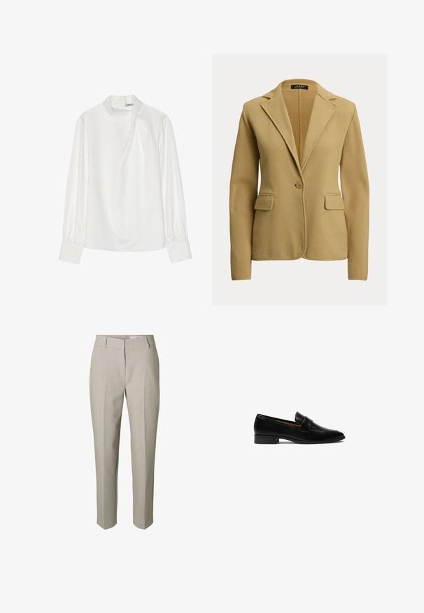 Blazer beige à un seul bouton, avec col à revers crantés, deux poches à rabat et manches longues, fabriqué en tissu tricoté.; Blouse blanche avec un col montant, des manches longues bouffantes et une fermeture éclair au dos. Tissu lisse avec un léger éclat et une drapé subtile.; Pantalon beige sur mesure avec passants pour ceinture, fermeture éclair avant et plis marqués sur les jambes, présenté sur fond blanc.; Mocassins en cuir noir avec un talon plat, présentant une sangle rectangulaire sur le devant et une surface lisse et polie.