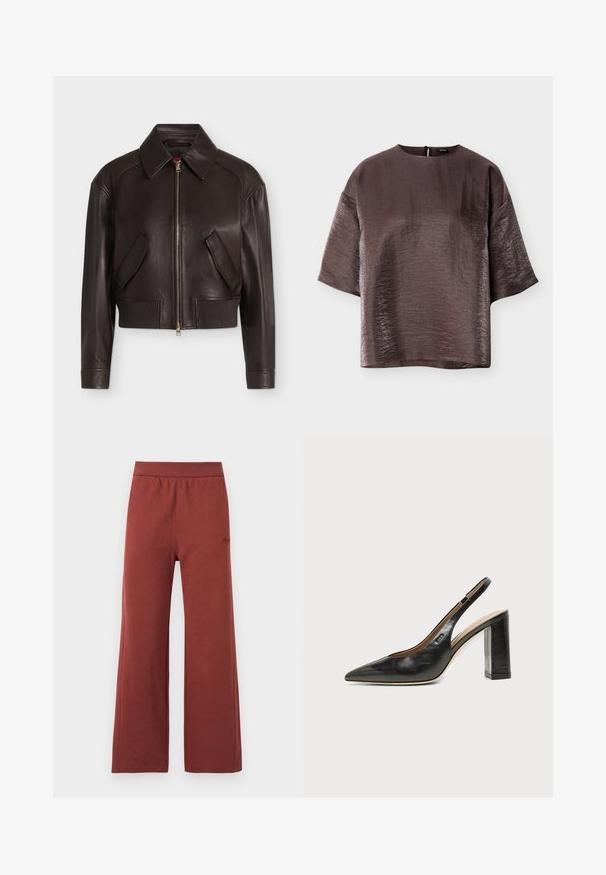 Blouson aviateur en cuir marron foncé avec fermeture éclair sur le devant, poches latérales à rabat, ourlet et col côtelés, présenté sur un fond uni.; Blouse brillante marron foncé à manches courtes, col rond et coupe ample, présentée à plat sur un fond blanc.; Pantalon ample couleur rouille avec taille élastique et détails discrets de coutures à l'avant et sur les côtés.; Chaussure slingback en cuir noir à bout pointu avec un talon bloc haut et une doublure intérieure beige sur un fond clair uni.