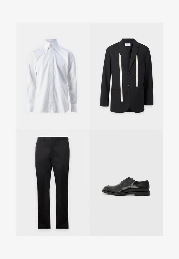 Sort Moschino blazer med to forreste knapper og en hvid målebånd hængende ned foran på en ensfarvet lys baggrund.; Hvid langærmet skjorte lavet af glat stof, med klassisk krave, knaplukning og en diskret broderet logo nederst til venstre.; Sorte bomuldsbukser med lige ben-design, der har en frontknaplukning og sidelommer, glat tekstur, ingen synlige mønstre.; Sorte læder dress sko med en poleret finish, rund tå, fem snørehuller og en flad gummi sål. Glat tekstur med minimale detaljer.