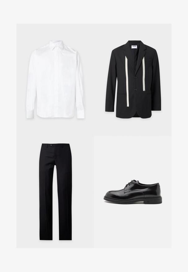 Veste noire Moschino avec deux boutons à l'avant et un ruban à mesurer blanc suspendu sur un fond clair uni.; Chemise blanche à manches longues avec col pointu et poignets boutonnés, posée à plat sur un fond clair.; Pantalon formel noir avec coupe droite, passants pour ceinture, bouton à l’avant et fermeture éclair sur un fond clair uni.; Chaussure habillée en cuir noir avec une finition lisse, bout rond et lacets. Présente une épaisse semelle noire et un détail de couture subtil le long du bord.