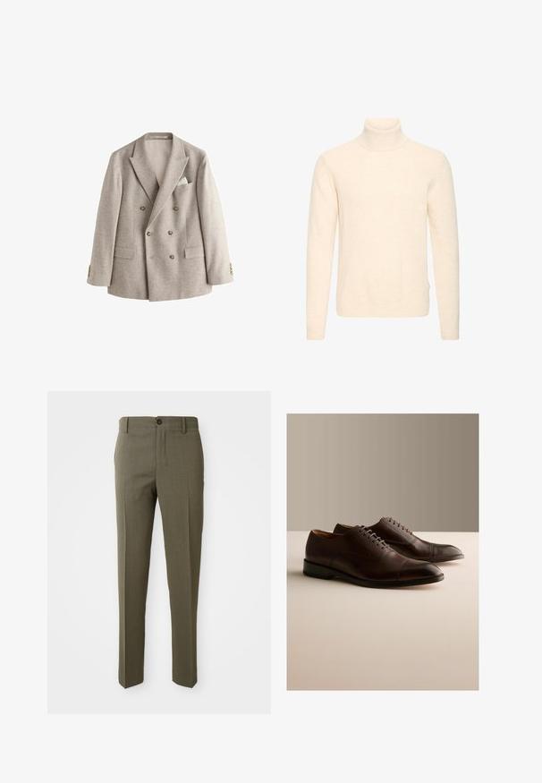 Lysebeige dobbeltradet blazer med brede revers, seks knapper, to forlommer med klap og et hvidt lommetørklæde i brystlommen.; Cremefarvet, langærmet rullekravesweater med ribstrikket hals, manchetter og kant, vist på ensfarvet hvid baggrund.; Olivengrønne skræddersyede bukser med en glat overflade, lige bendesign, enkelt foretrukket knap og sidelommer for funktionalitet.; Par mørkebrune læder oxford sko med snørebånd og cap toe detalje på en neutral overflade og baggrund.
