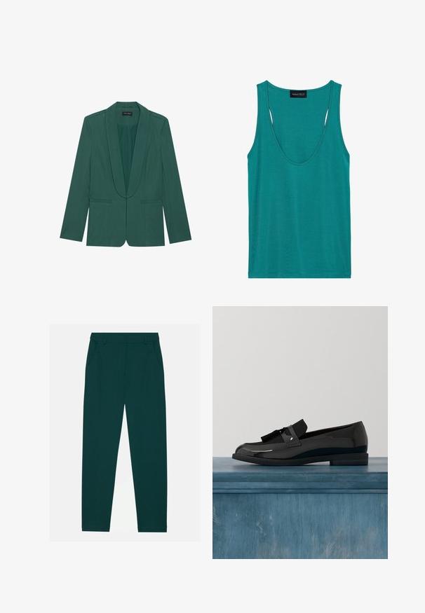 Grøn blazer med sjalskrave, to forlommer, skræddersyet pasform og glat tekstur. Velegnet til både afslappet og formelt brug.; Teal ærmeløs tanktop lavet af blødt stof. Har en dyb rund halsudskæring og udskæringer på ryggen for ekstra ventilation.; Mørkegrønne bukser lavet af blødt materiale, med to sidelommer og et lige ben-design. Minimalistisk stil uden synlige mønstre.; Sorte patenterede lædersko med flad hæl, med et frynsedetalje og glat overflade, designet med en rund tå og subtil søm.