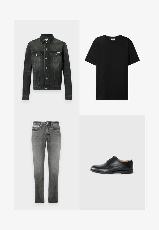 Dunkelgraue Jeansjacke mit klassischem Kragen, Knopfleiste, zwei Brusttaschen und einem Logotag. Sie zeichnet sich durch eine strukturierte Passform und eine glatte Textur aus.; Schwarzes T-Shirt mit kurzen Ärmeln und Rundhalsausschnitt, mit dezentem Calvin Klein Jeans-Logo auf der Brust und einem Etikett im Halsausschnitt.; Graue gerade geschnittene Jeans aus Denim mit Vordertaschen, Gürtelschlaufen, Knopfverschluss und dezenten Ausbleichungen.; Calvin Klein ESS DERBY - Schnürer - triple black