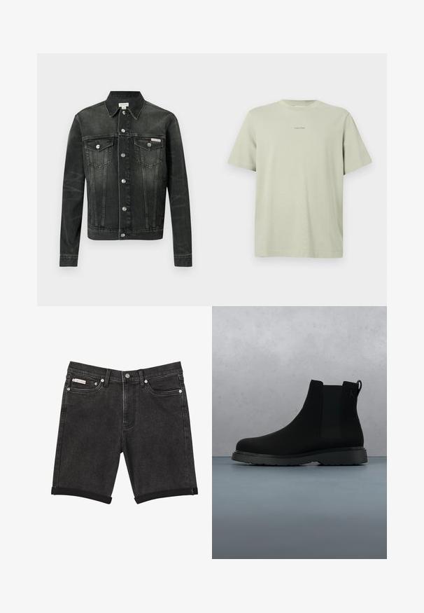 Mørkegrå denimjakke med klassisk krave, knaplukning foran, to brystlommer og et logomærke. Har en struktureret pasform og en glat tekstur.; Lys grøn bomulds t-shirt med rund hals, korte ærmer og et lille Calvin Klein-logo i en mørkere nuance trykt på brystet.; Sorte denimshorts med opbukket kant, frontknap og lynlås, bæltestropper og forlommer på ensfarvet baggrund.; Sort ankelstøvle lavet af glat materiale med diskrete syninger, en gummisål og et strømlinet design, placeret over en overflade med træstruktur.