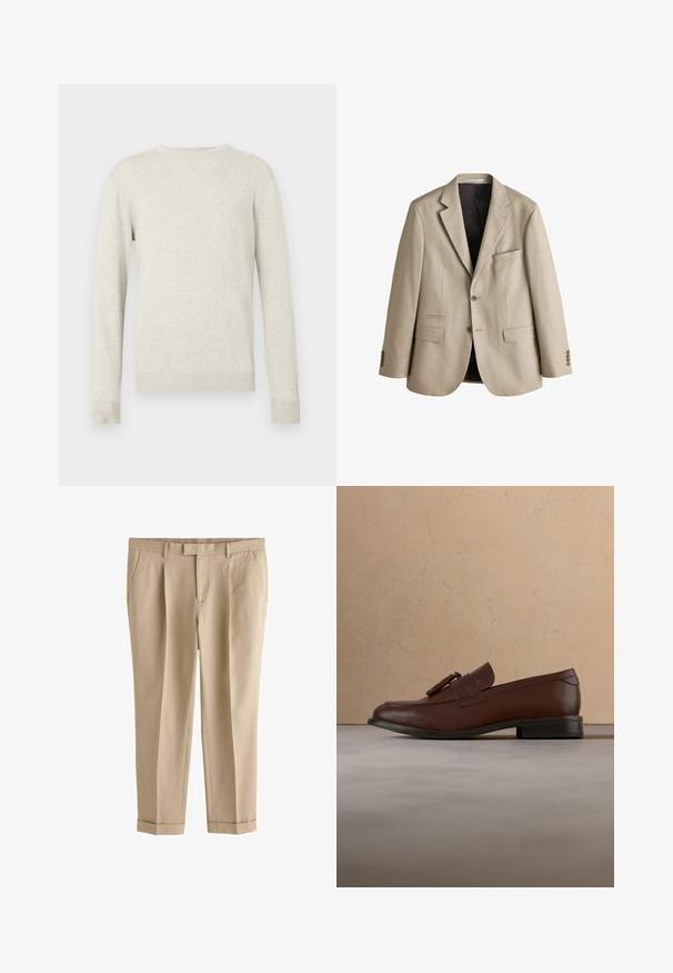 Beige enkelrijjksblazer met inkeping revers, twee knopen, drie voorzakken en een donkere binnenvoering.; Beige trui met lange mouwen en ronde hals, voorzien van ribbels aan de mouwen en onderkant, gepresenteerd tegen een eenvoudige witte achtergrond.; Beige op maat gemaakte broek met zijzakken, riemlussen, ritssluiting aan de voorkant en omslagzomen, ontworpen voor een slanke, formele pasvorm.; Bruine leren instapper met kwastjes zwevend boven een gestructureerd beige tapijt, met op de achtergrond een ronde houten tafel en gestapelde boeken.