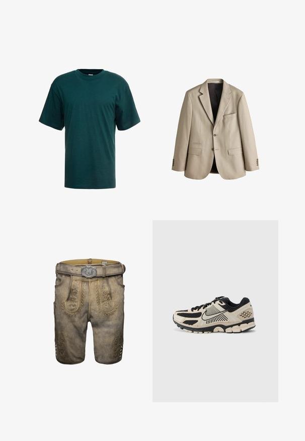 Beiger einreihiger Blazer mit Revers, zwei Knöpfen, drei Vorder- taschen und dunklem Innenfutter.; Dunkelgrünes Baumwoll-T-Shirt mit kurzen Ärmeln, Rundhalsausschnitt und lässiger Passform. Glatte Textur ohne sichtbare Muster oder Verzierungen.; Traditionelle braune Lederhosen mit dekorativer Stickerei, Knopfdetails und einem Gürtel mit einer Geweih-Motiv-Schnalle.; Nike-Laufschuh in Creme und Schwarz. Verfügt über ein Obermaterial aus Mesh, strukturierte Akzente, eine dicke Gummiaußensohle und ein markantes Zwischensohlen-Design.