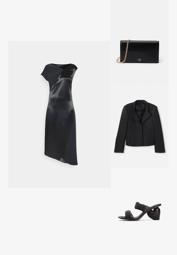 Sort cropped blazer med en glat tekstur, bred krave og enkelt knaplukning. Har to sidelommer og skræddersyet design.; Calvin Klein NAIA SHINE MIDI DRESS - Cocktailkjole / festkjole - black; Sort læder slid-sandaler med en hjerteformet hæl. Har to brede remme og en glat, struktureret overflade. Holdbar gummisål.; Sort læder clutchtaske med guld kædestosse, rektangulær form, med et metal-logo på fronten. Glat tekstur, minimalistisk design.