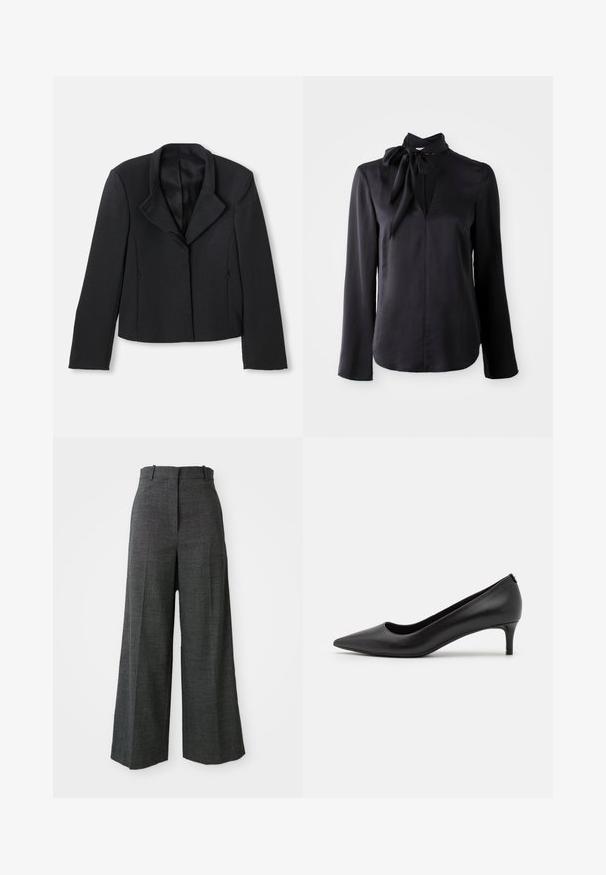 Sort cropped blazer med en glat tekstur, bred krave og enkelt knaplukning. Har to sidelommer og skræddersyet design.; Sort langærmet bluse i glat stof med V-udskæring og en bundet kragedetalje. Har lige snit og subtile stikninger.; Gråternet vidde bukser med høj talje, der har forkantfoldninger, vertikal struktur og uden synligt hardware eller detaljer.; Sort læder pump med spids tå og lav hæl. Glat tekstur, slankt design og subtil detaljering ved hælen.