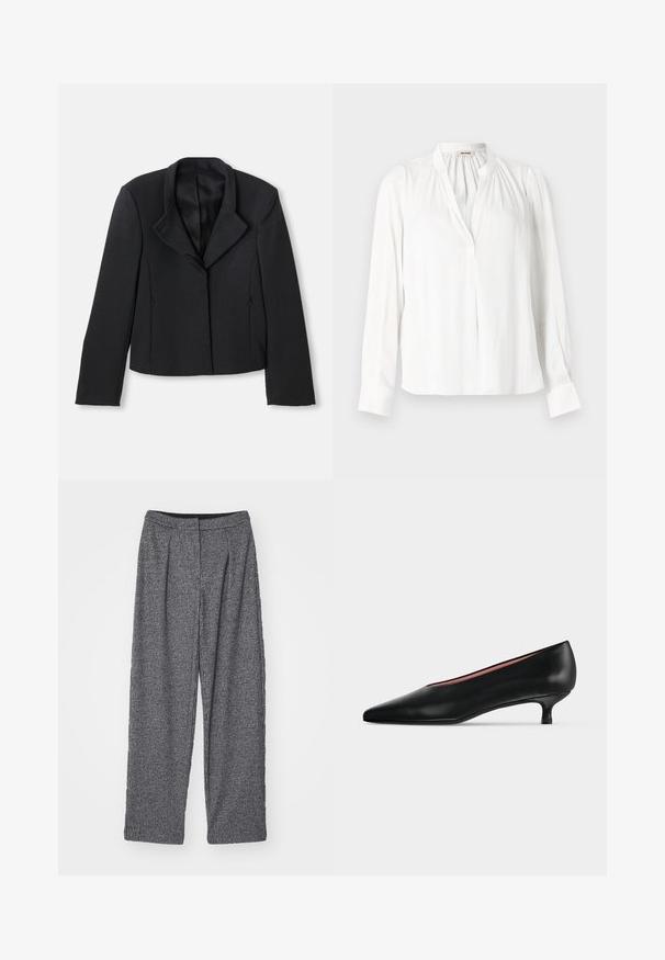 Blazer noir court avec une texture lisse, un large revers et une fermeture à un bouton. Comprend deux poches latérales et un design ajusté.; Blouse blanche à manches longues avec col montant, plis froncés près de l'encolure et patte de boutonnage avant dissimulée.; Pantalon gris à carreaux avec une taille haute, une coupe évasée et des plis. Fabriqué en tissu texturé avec un motif monochrome.; Escarpin en cuir noir avec un bout pointu et un petit talon bas, présenté en profil latéral sur un fond clair uni.