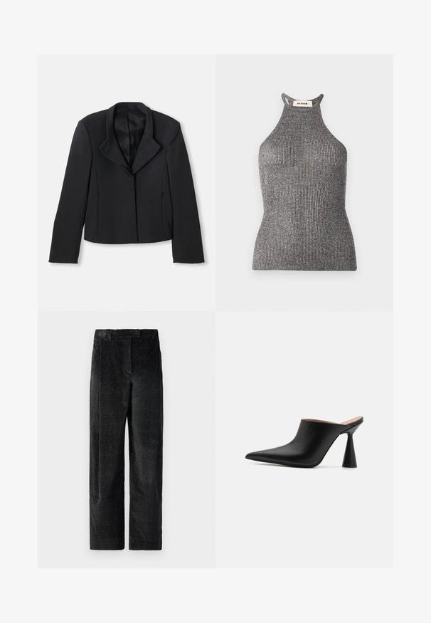Blazer noir court avec une texture lisse, un large revers et une fermeture à un bouton. Comprend deux poches latérales et un design ajusté.; Top halter gris en textile côtelé, présentant une silhouette ajustée et un col montant avec des côtés ouverts. Étiquette de la marque visible au niveau du cou.; Pantalons larges noirs texturés avec un tissage prononcé, dotés de plis à l'avant et d'une taille plate. Design classique pour la polyvalence.; Mules en cuir noir avec un bout pointu et un talon conique unique. Texture lisse et design minimaliste, à dos ouvert pour un enfilage facile.