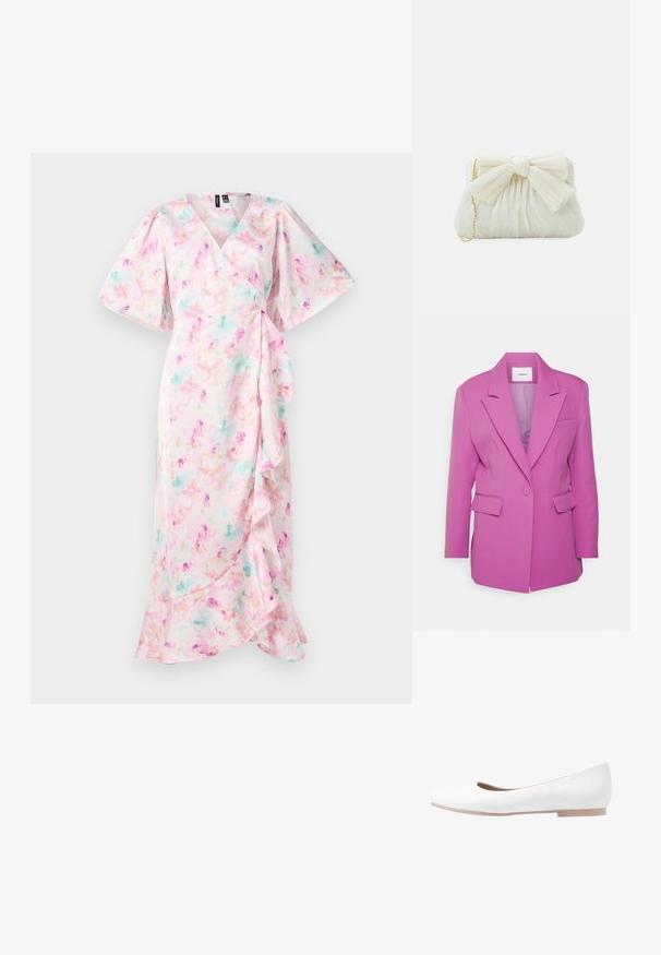 AKNVAS TAYLOR - Manteau court - orchid; Robe portefeuille florale avec un fond rose, des couleurs pastel, des manches courtes bouffantes et un ourlet à volants. Texture de tissu lisse.; Chaussure plate blanche avec un extérieur en cuir lisse, bout rond, profil bas et semelle rose subtile. Design minimaliste, sans embellissements visibles.; Sac à main plissé blanc avec un nœud proéminent et une chaîne dorée. Texture douce avec un design froncé à l'avant.