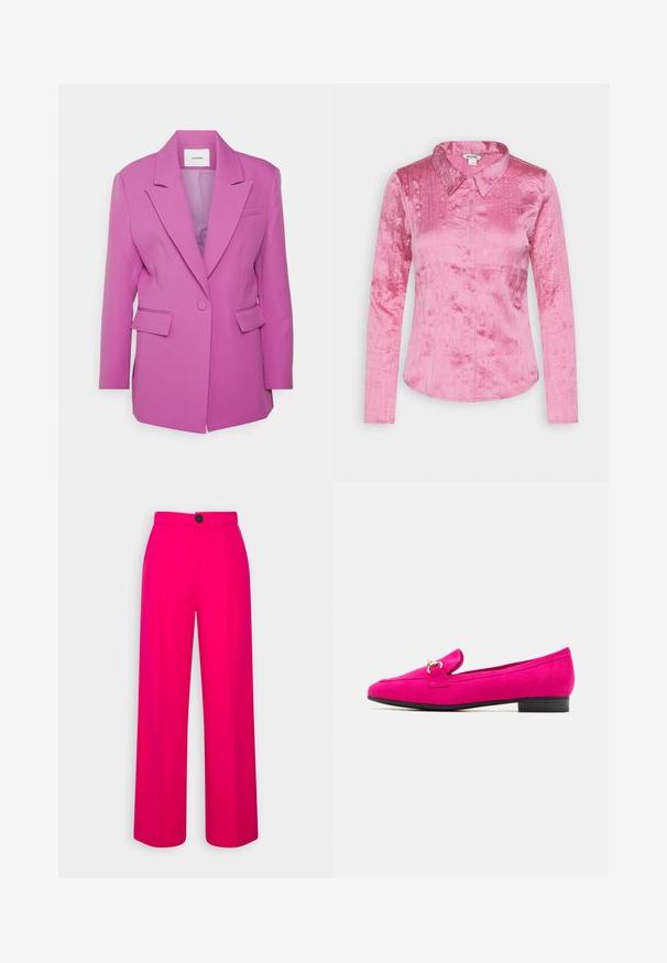 AKNVAS TAYLOR - Κοντό παλτό - orchid; Monki Πουκαμίσα με κουμπιά - pink; Φουξία παντελόνια με φαρδιά πόδια και ψηλή μέση, με πιέτες μπροστά και έναν μόνο μαύρο κουμπί κλείσιμο. Λείο υλικό και κομψή σχεδίαση.; Φούξια σουέντ λουφαδόρικα παπούτσια με επίπεδο μαύρο τακούνι, που διαθέτουν διακοσμητική λωρίδα και μικρή λεπτομέρεια από κούμπωμα. Ομαλή υφή και κομψή σιλουέτα.