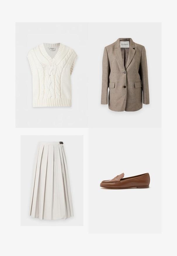 Blazer à carreaux marron et beige avec deux boutons devant et poches à rabat, avec un col à revers cranté et une doublure intérieure lisse.; Gilet sans manches tricoté de couleur crème avec motif torsadé et col en V, plié à plat sur fond blanc.; Longue jupe blanche plissée avec une fermeture latérale à boucle, présentée à plat sur un fond blanc.; Mocassin classique en cuir marron avec petit talon et détail de bout moc cousu, présenté de profil sur fond blanc.