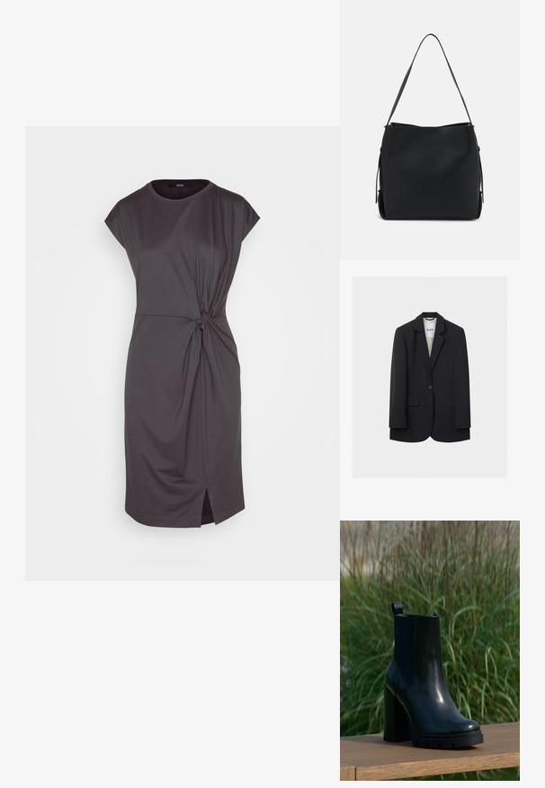 Čierny jednoklapkový blejzer s výrezmi na klopách, dvoma prednými vreckami s chlopňou a náprsné vrecko na svetlom pozadí.; Esprit Collection DRESS - Džersejové šaty - anthracite; Čierne lesklé kožené členkové čižmy s robustným vysokým podpätkom a úchytom, vystavené na drevenom povrchu s pozadím z vysokých zelených trávy.; Pieces PCBONY - Kabelka - black